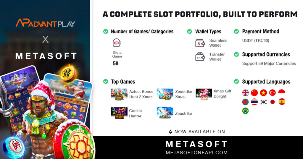 AdvantPlay slots integrated via Metasoft Slot Game API with seamless wallet and USDT TRC20 payment support