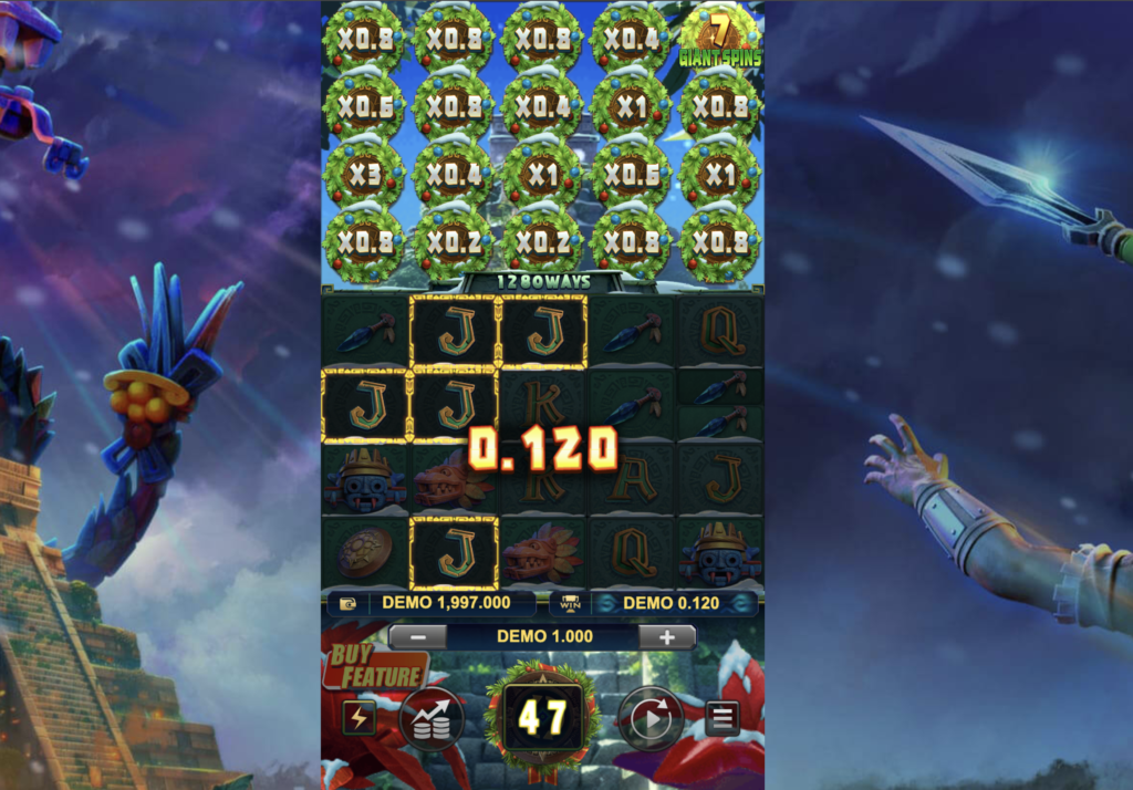 AdvantPlay Christmas-themed slot gameplay integrated via Metasoft Slot Game API with 1280 ways and bonus feature